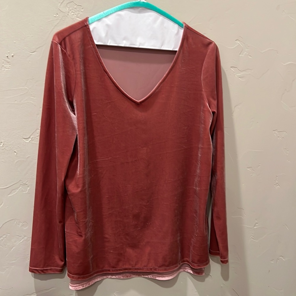 Halogen more of a dusty rose velvet hi-lo v neck pullover.